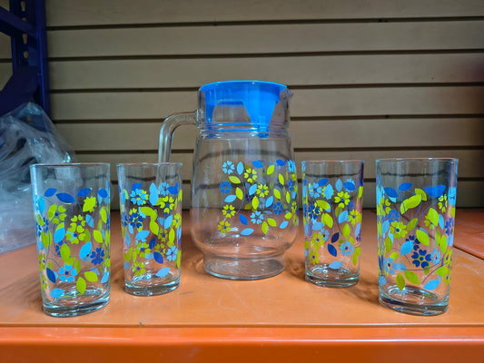 juego jarra y 4 vasos de vidrio